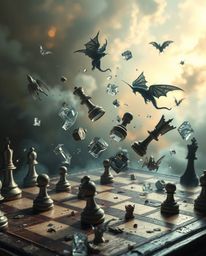 Explore a dreamlike, surreal image of a chessboard where pieces are frozen mid-air in a state of destruction. This artwork fe