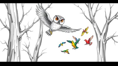A heartwarming illustration in the style of a Pixar hand-drawn sketch depicts a blind owl gracefully gliding between detailed