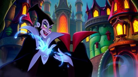 A classic Disney villain casting a spell within the walls of an old, vibrant castle creates a mystic and enchanting scene. Th