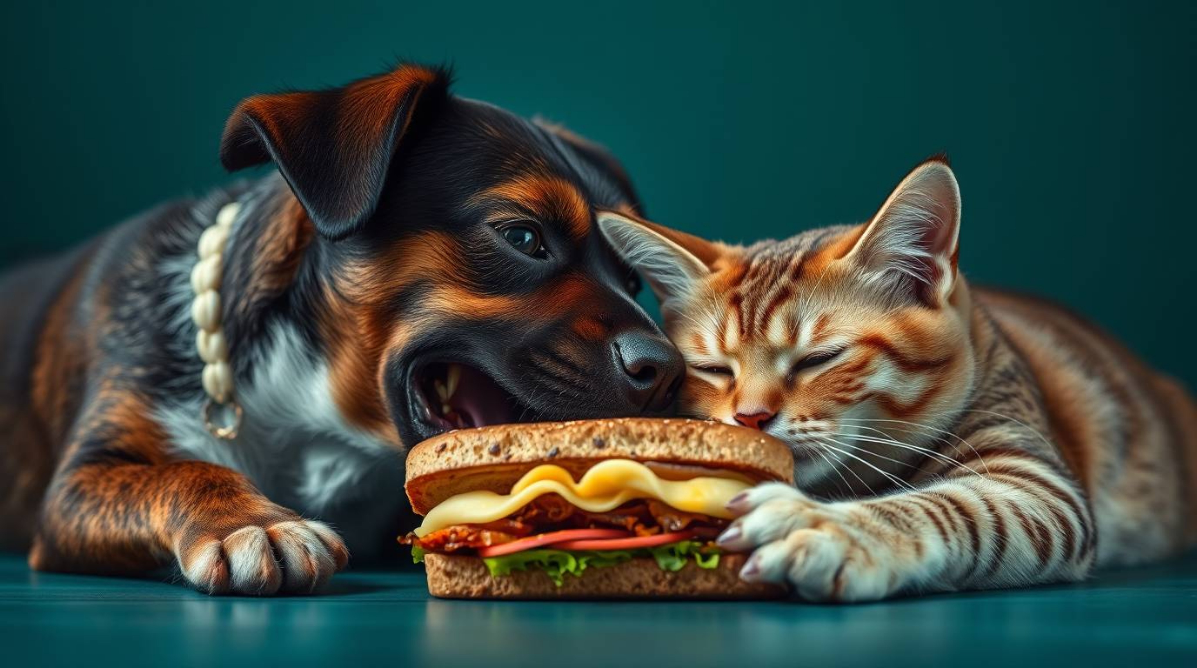Witness a captivating close-up of a playful yet intense standoff between a dog and a cat, locked in a comical struggle over a