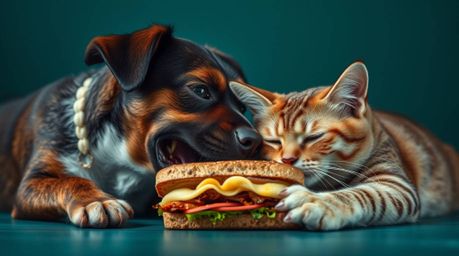 Witness a captivating close-up of a playful yet intense standoff between a dog and a cat, locked in a comical struggle over a