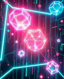 Dive into a futuristic sci-fi realm with glowing bioluminescent colors illuminating glitched geometric shapes floating within