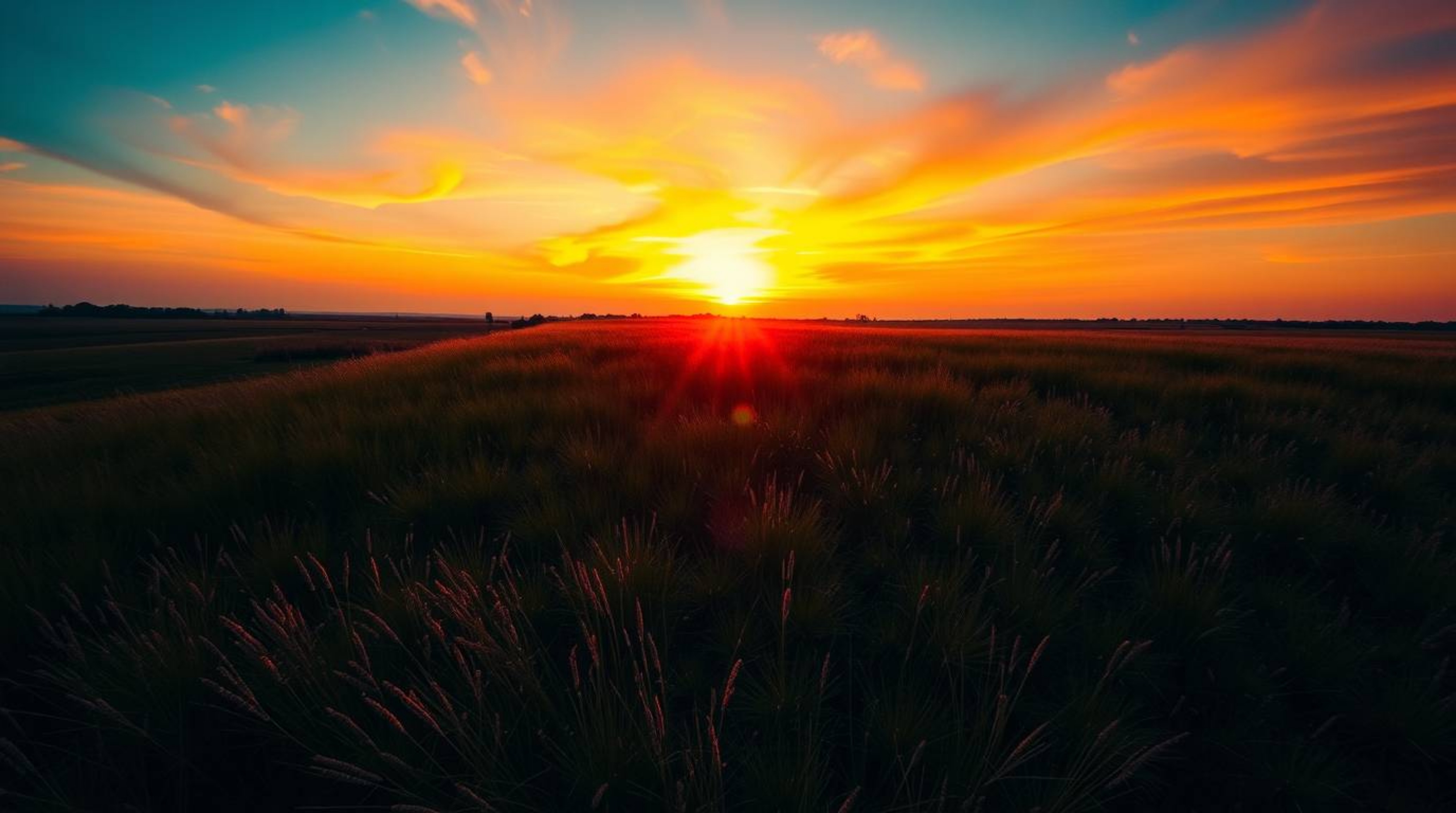 Experience the breathtaking beauty of a sunset over a tranquil meadow, captured from an overhead bird's-eye view.  Watch as f