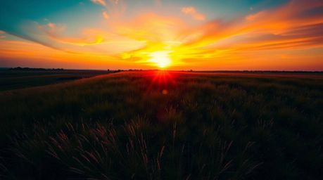 Experience the breathtaking beauty of a sunset over a tranquil meadow, captured from an overhead bird's-eye view.  Watch as f