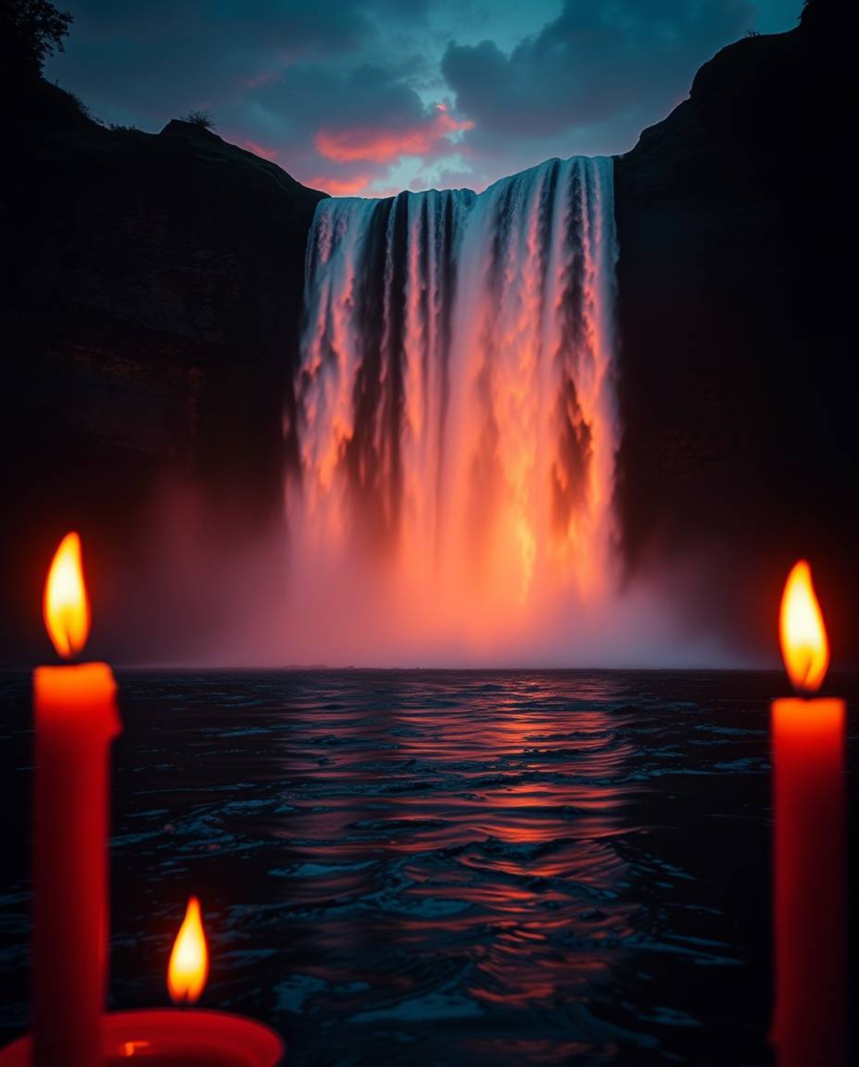 Warm candlelight illuminates a dramatic waterfall at sunset, creating a mesmerizing scene. Iridescent colors reflect in the w
