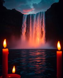 Warm candlelight illuminates a dramatic waterfall at sunset, creating a mesmerizing scene. Iridescent colors reflect in the w