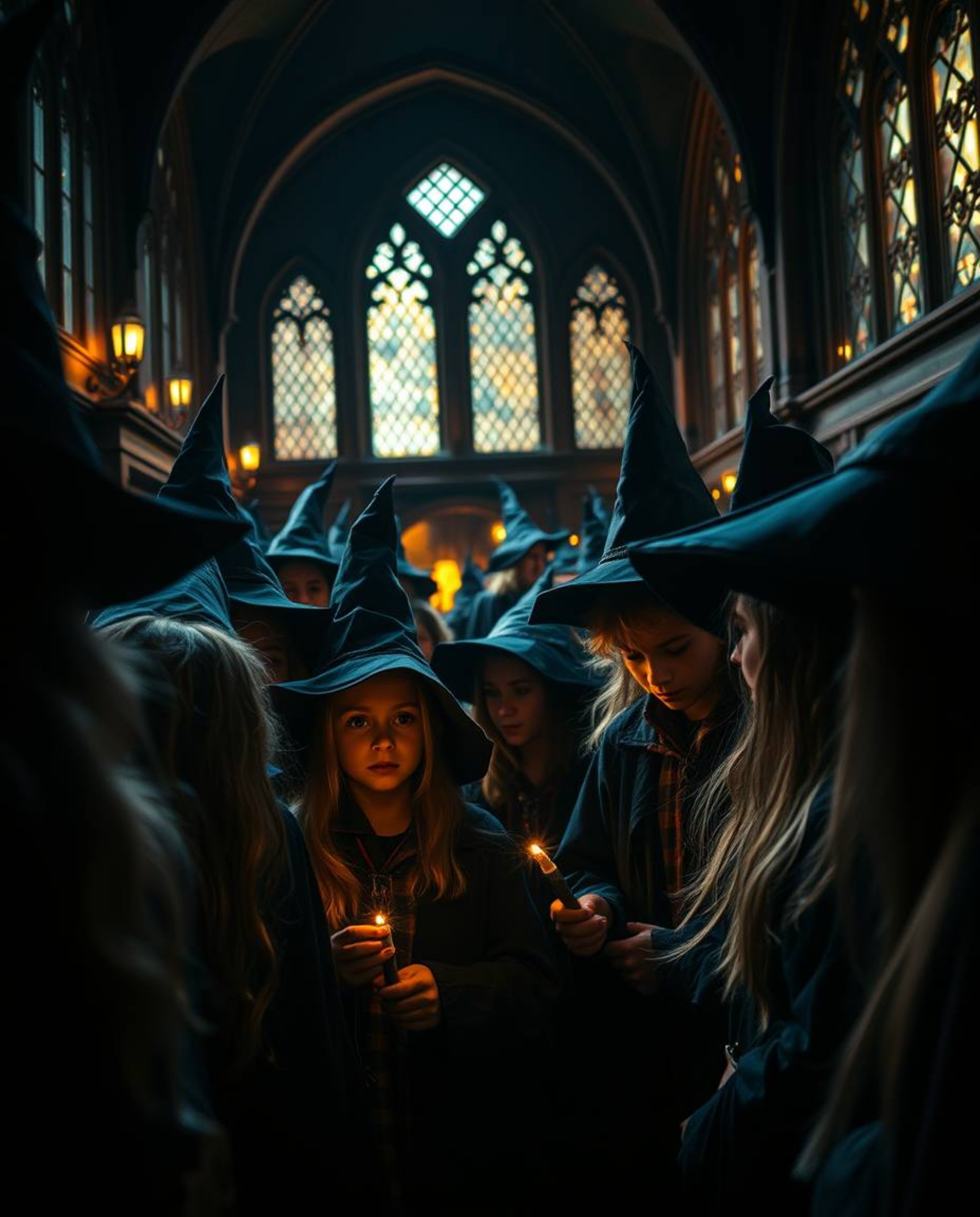 A captivating close-up reveals a magical school brimming with young wizards.  The dramatic chiaroscuro lighting creates stron