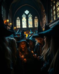 A captivating close-up reveals a magical school brimming with young wizards.  The dramatic chiaroscuro lighting creates stron