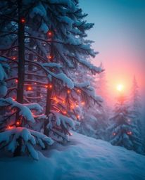 An ethereal and spiritual photograph depicts sunset light sparkling on snowy pine trees, creating a mystical and enchanting e