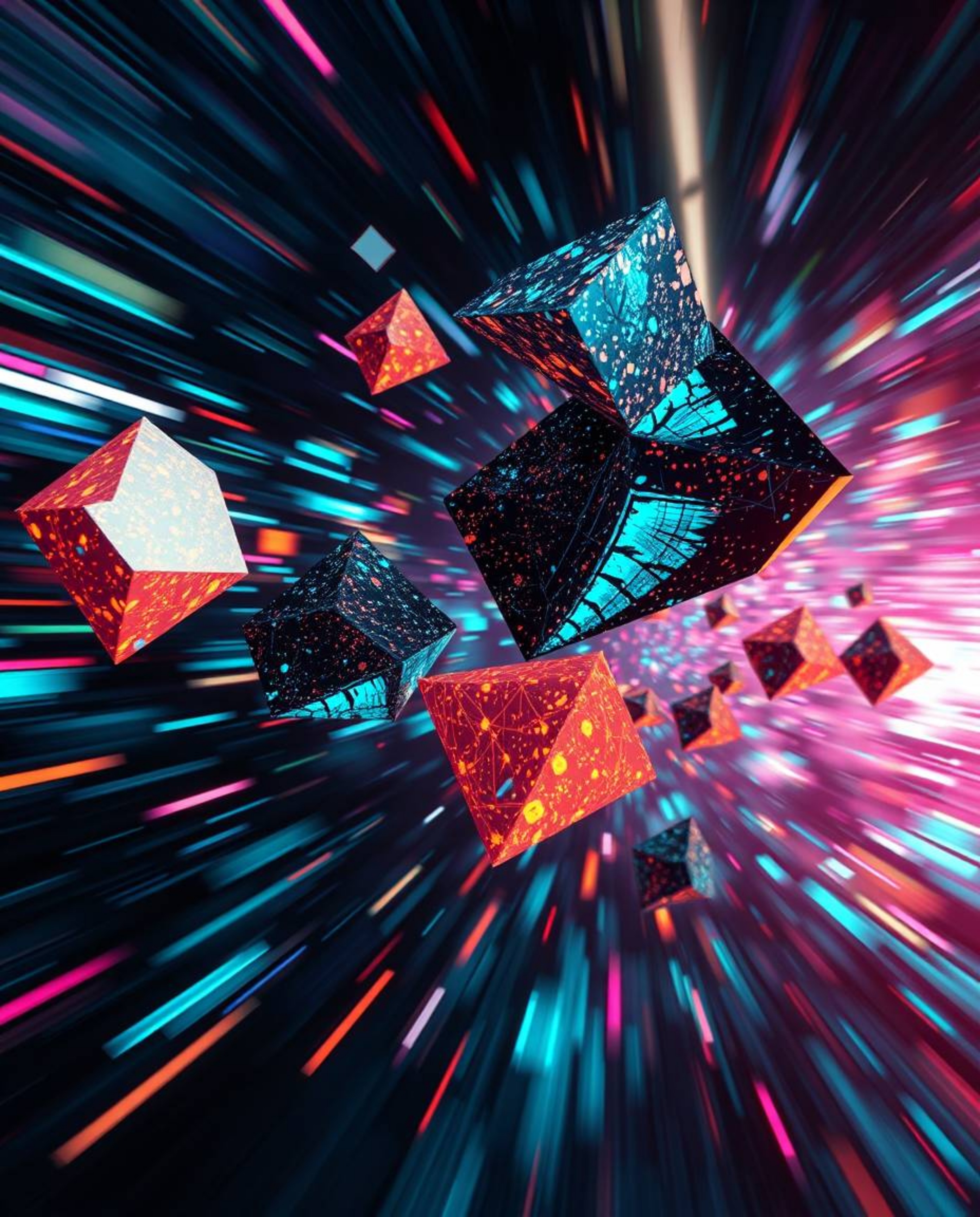 Experience a dynamic visualization of glitching geometric shapes gracefully floating within a blurred, motion-filled cyberspa