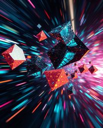 Experience a dynamic visualization of glitching geometric shapes gracefully floating within a blurred, motion-filled cyberspa