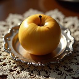 A captivating still life featuring a perfectly ripened golden apple, subtly gleaming in the warm candlelight, elegantly prese