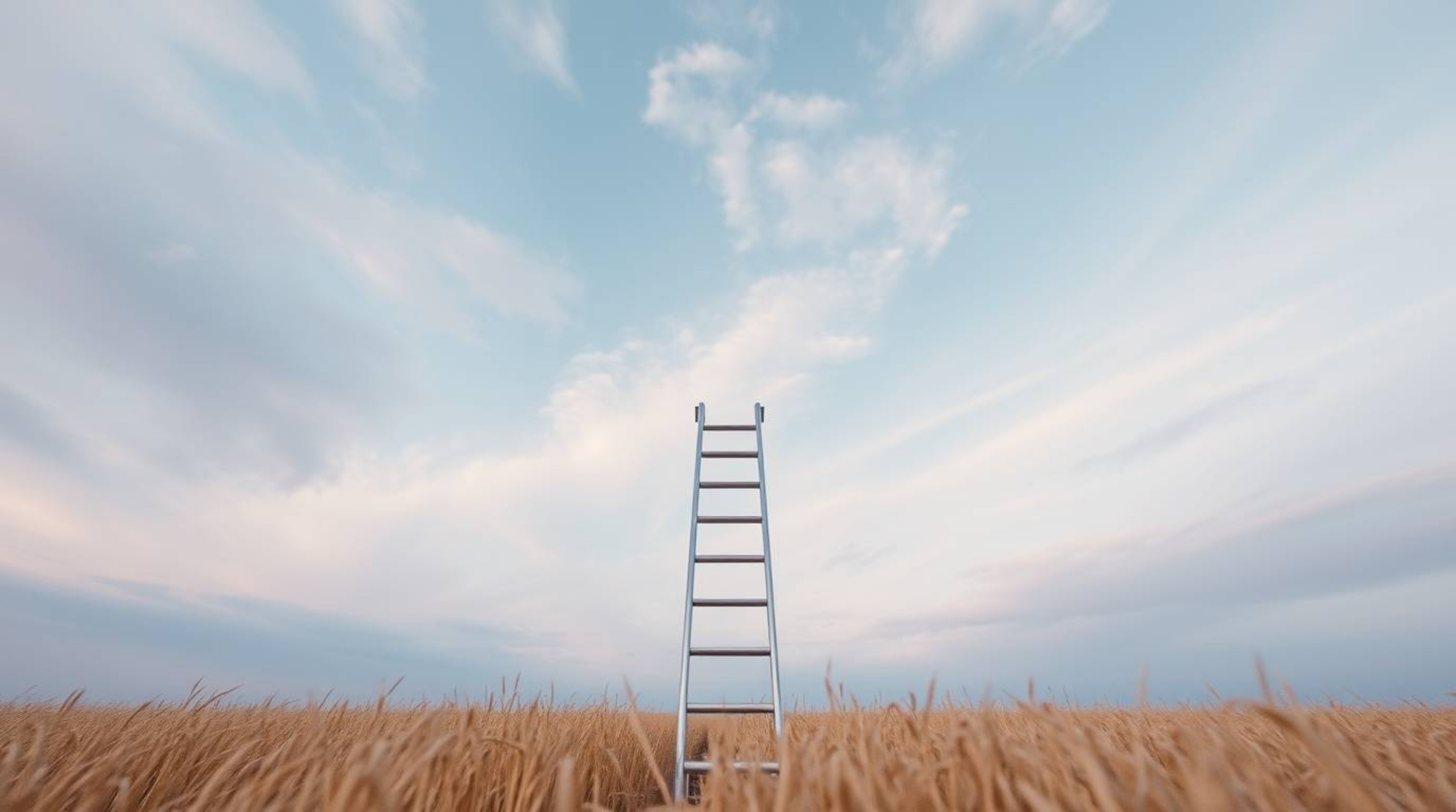A captivating minimalist image depicts a silver ladder ascending into a wide, cloudy sky.  Shot from a low angle, the scene i