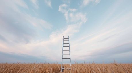 A captivating minimalist image depicts a silver ladder ascending into a wide, cloudy sky.  Shot from a low angle, the scene i
