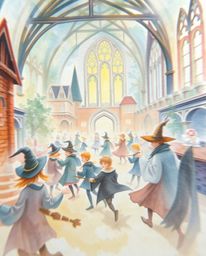 Explore a delicate watercolor painting depicting a magical school bustling with young wizards. The artwork features transluce