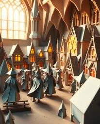 Explore a magical school for young wizards, brought to life in an intricate origami style.  This unique artwork features a fo