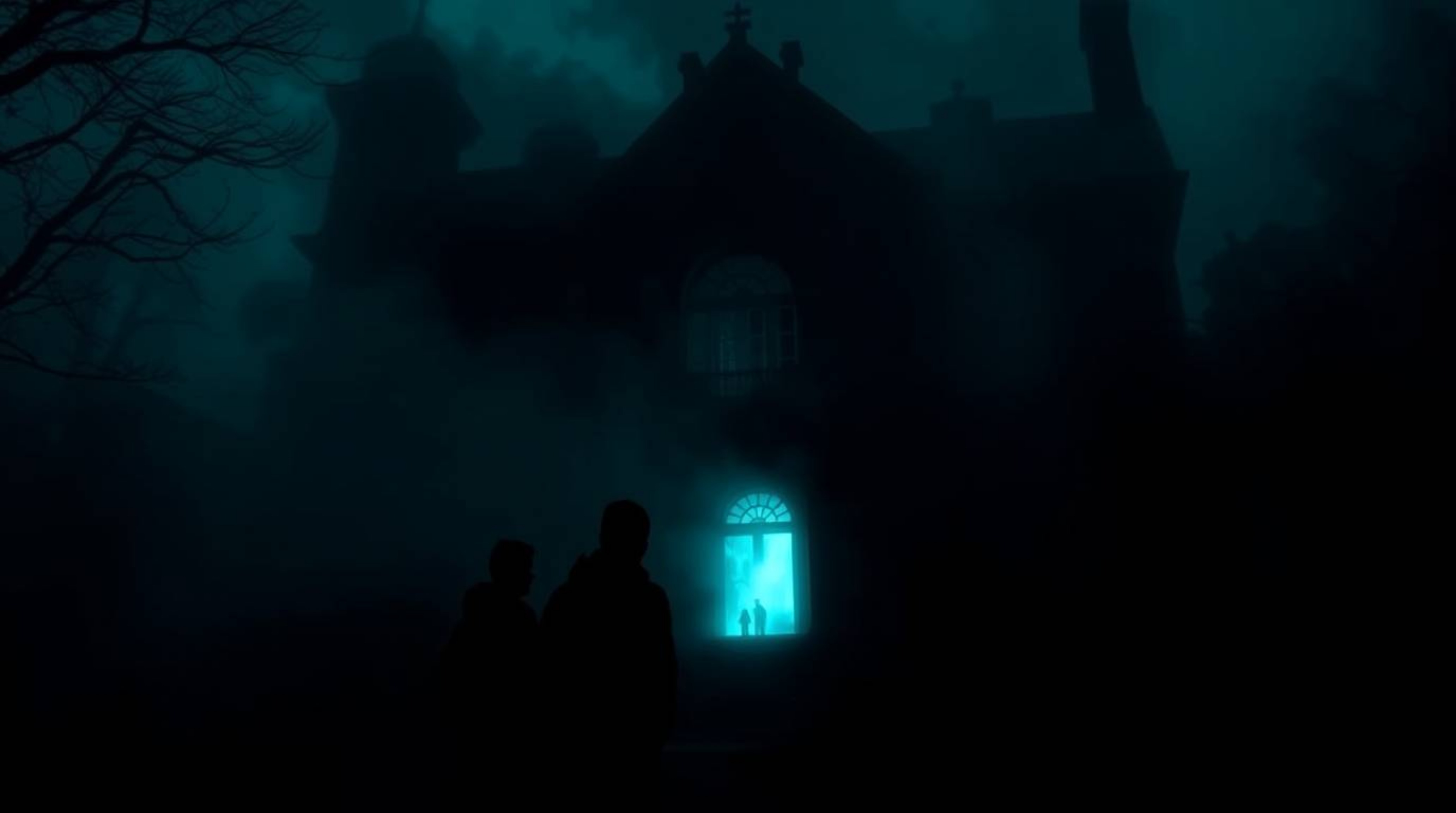 A group of adventurous teens bravely explores a chilling haunted mansion shrouded in thick, jet-black fog.  Low visibility an