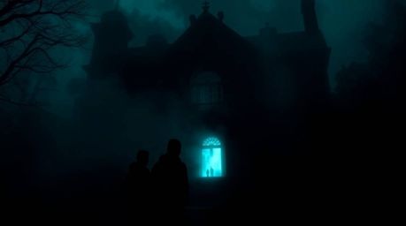 A group of adventurous teens bravely explores a chilling haunted mansion shrouded in thick, jet-black fog.  Low visibility an