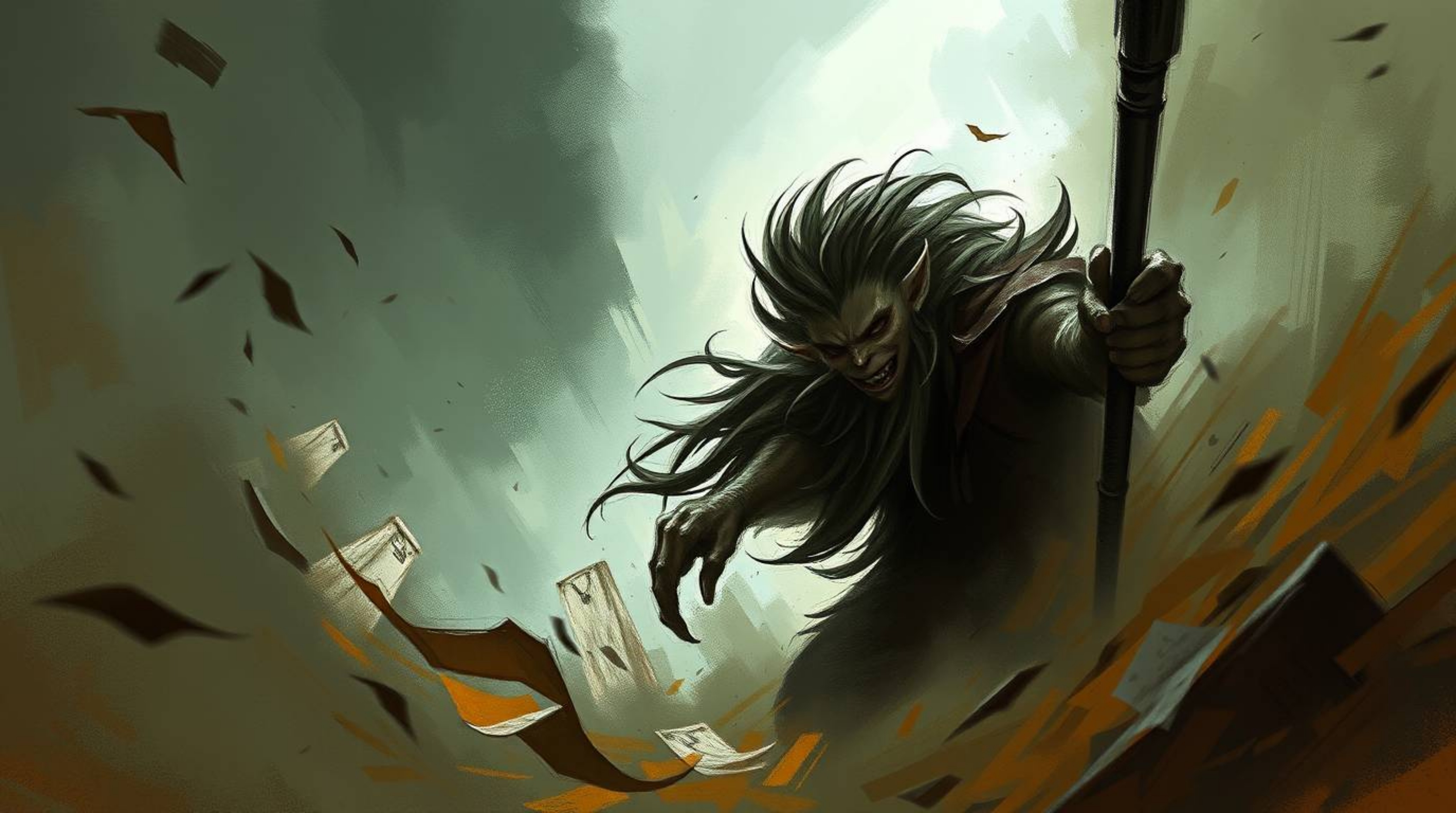 A dynamic digital sketch in a cinematic style depicts a trickster character facing imminent danger from a falling anvil. The 