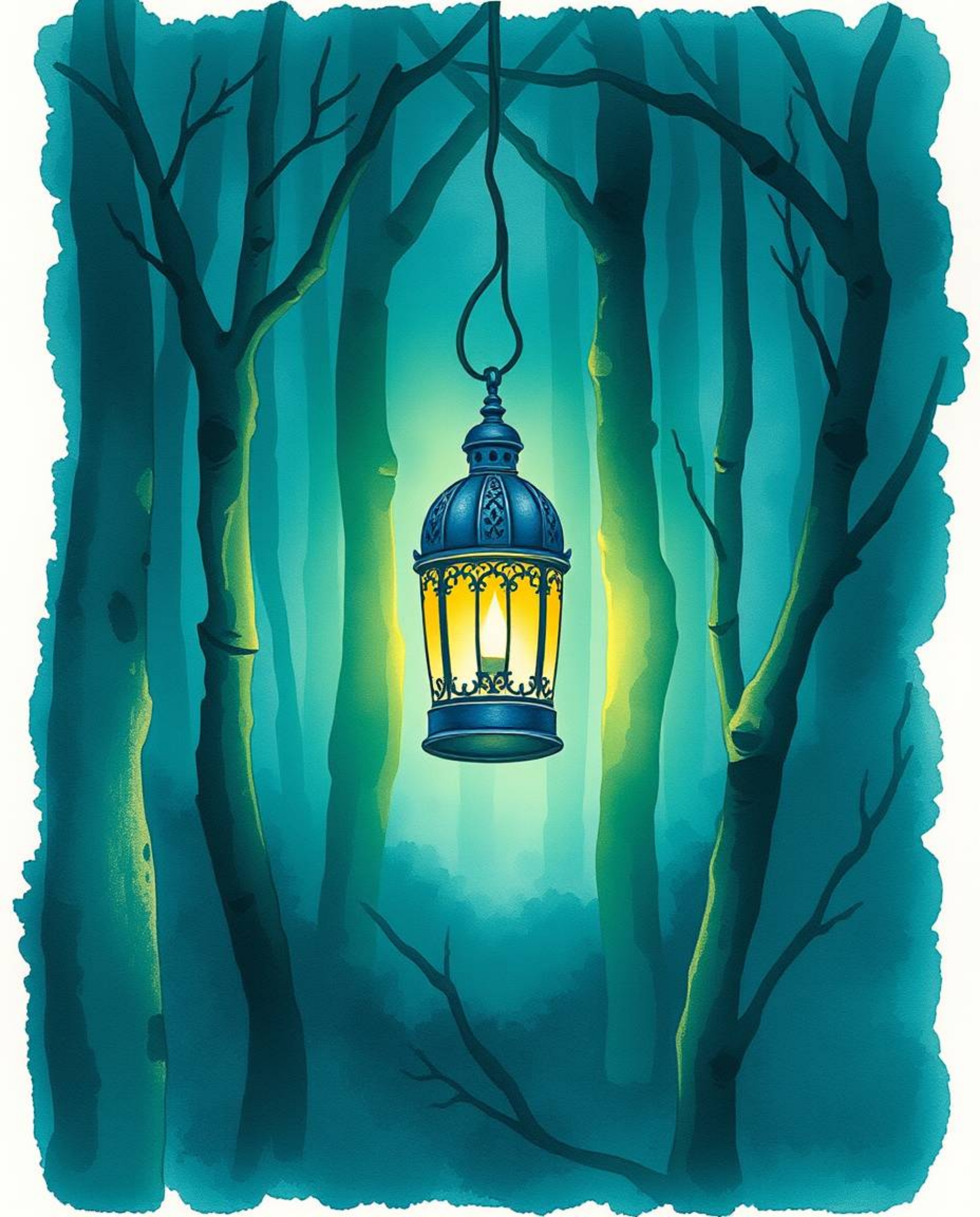 A captivating watercolor painting depicts a glowing lantern in a dark, mysterious forest.  The artwork showcases rich, deep t