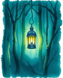 A captivating watercolor painting depicts a glowing lantern in a dark, mysterious forest.  The artwork showcases rich, deep t