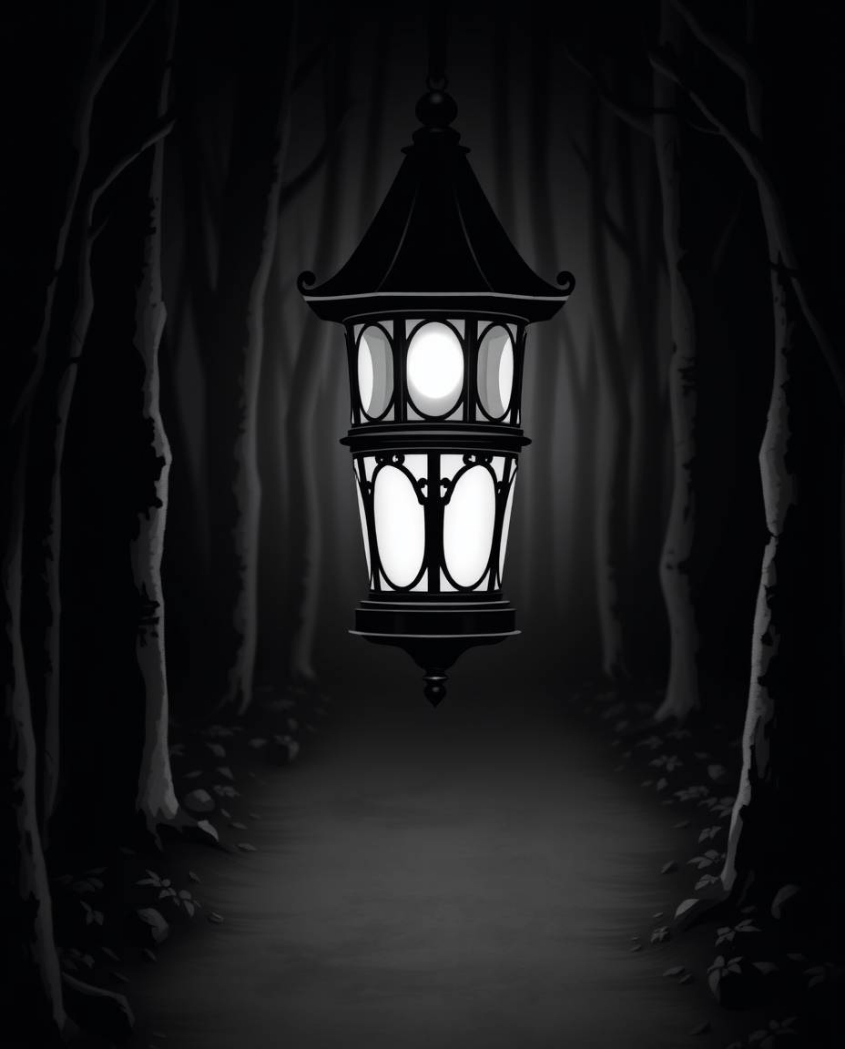 A timeless and elegant black and white image depicts a glowing lantern in a dark forest.  Its graceful and refined features s