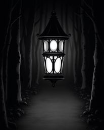A timeless and elegant black and white image depicts a glowing lantern in a dark forest.  Its graceful and refined features s