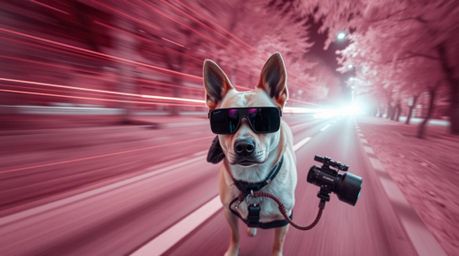 Dive into a surreal world with this infrared photograph of a canine detective employing high-tech gadgets.  The long exposure