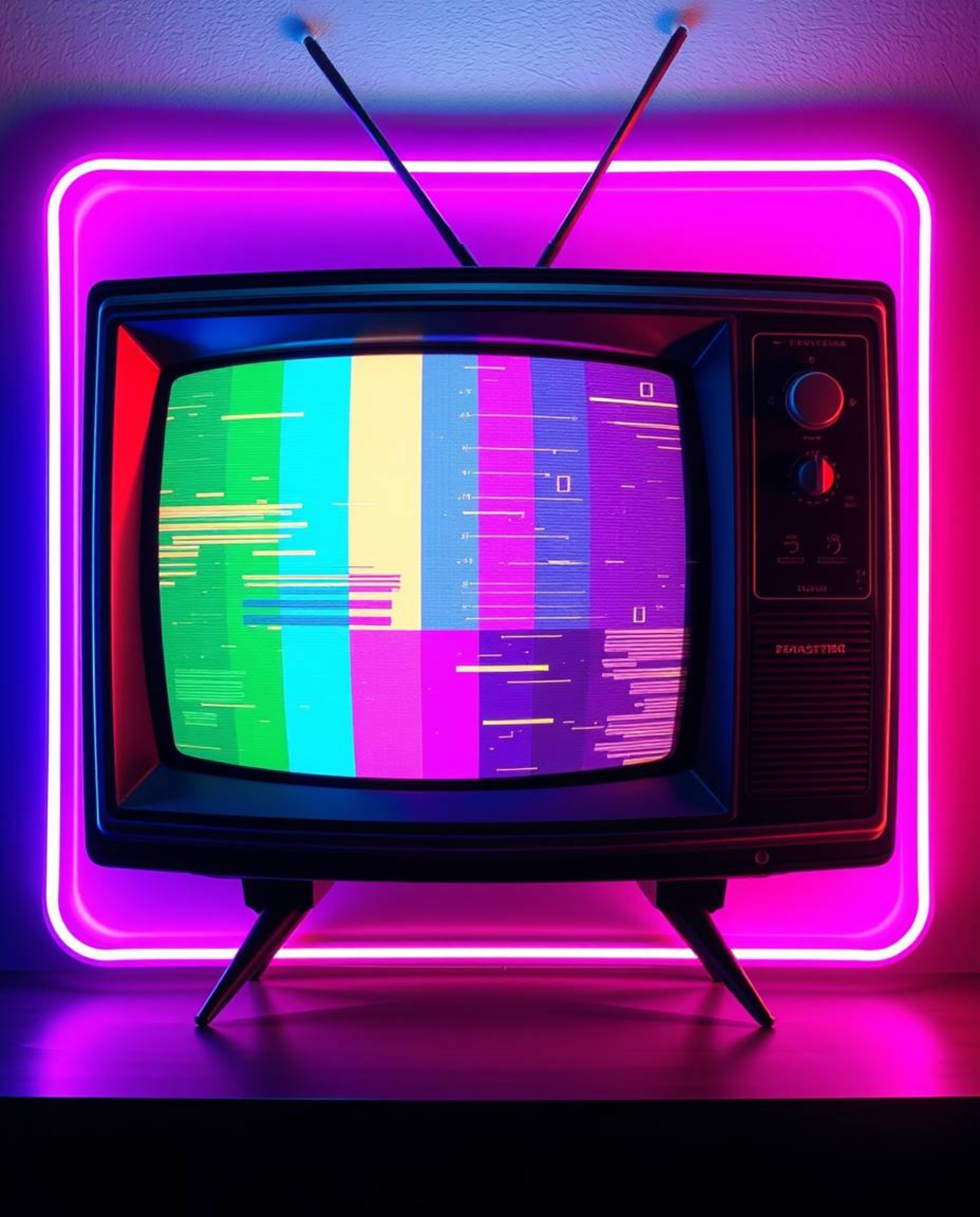 This image captures the essence of retro aesthetics with a glitching TV screen displaying static and RGB separation. Rendered