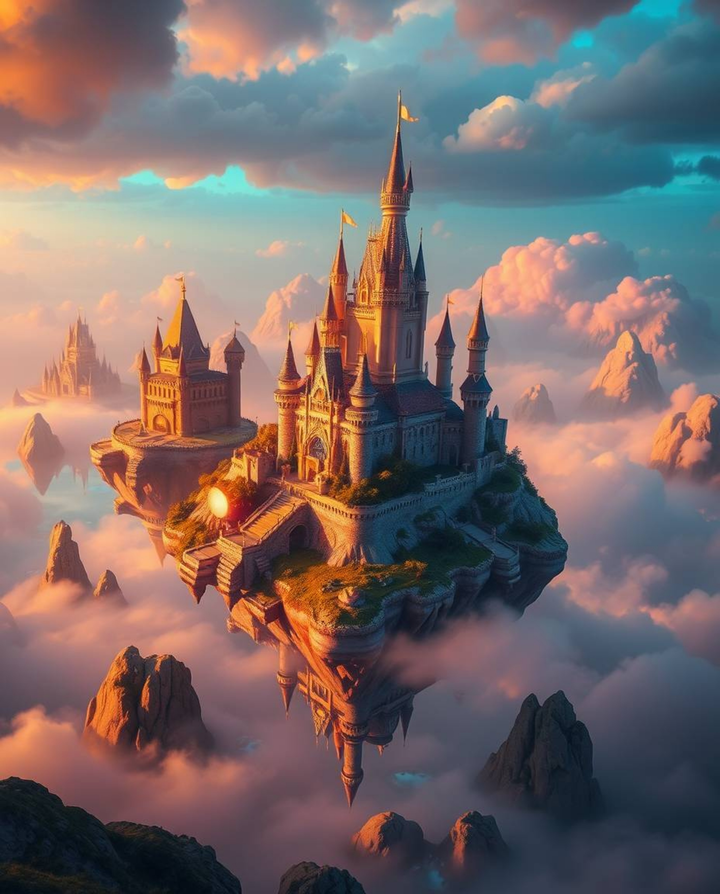 A professional fine art photograph showcasing a vibrant kingdom with floating islands and majestic castles, bathed in iridesc