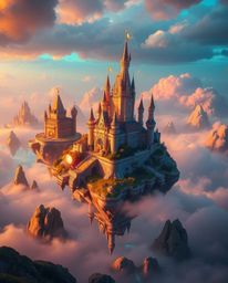 A professional fine art photograph showcasing a vibrant kingdom with floating islands and majestic castles, bathed in iridesc