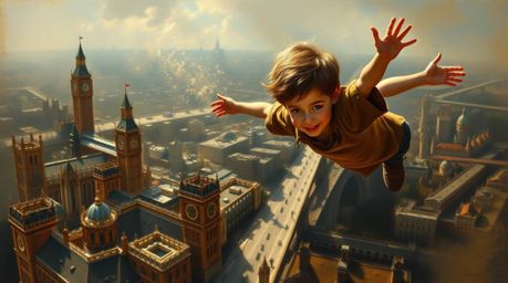 A captivating oil painting depicts a young boy soaring above the London skyline.  Rendered in a classic style with bold light