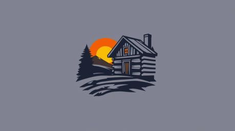 This geometric logo features a captivating scene of an old wooden cabin bathed in the warm hues of a sunset. The design is dy