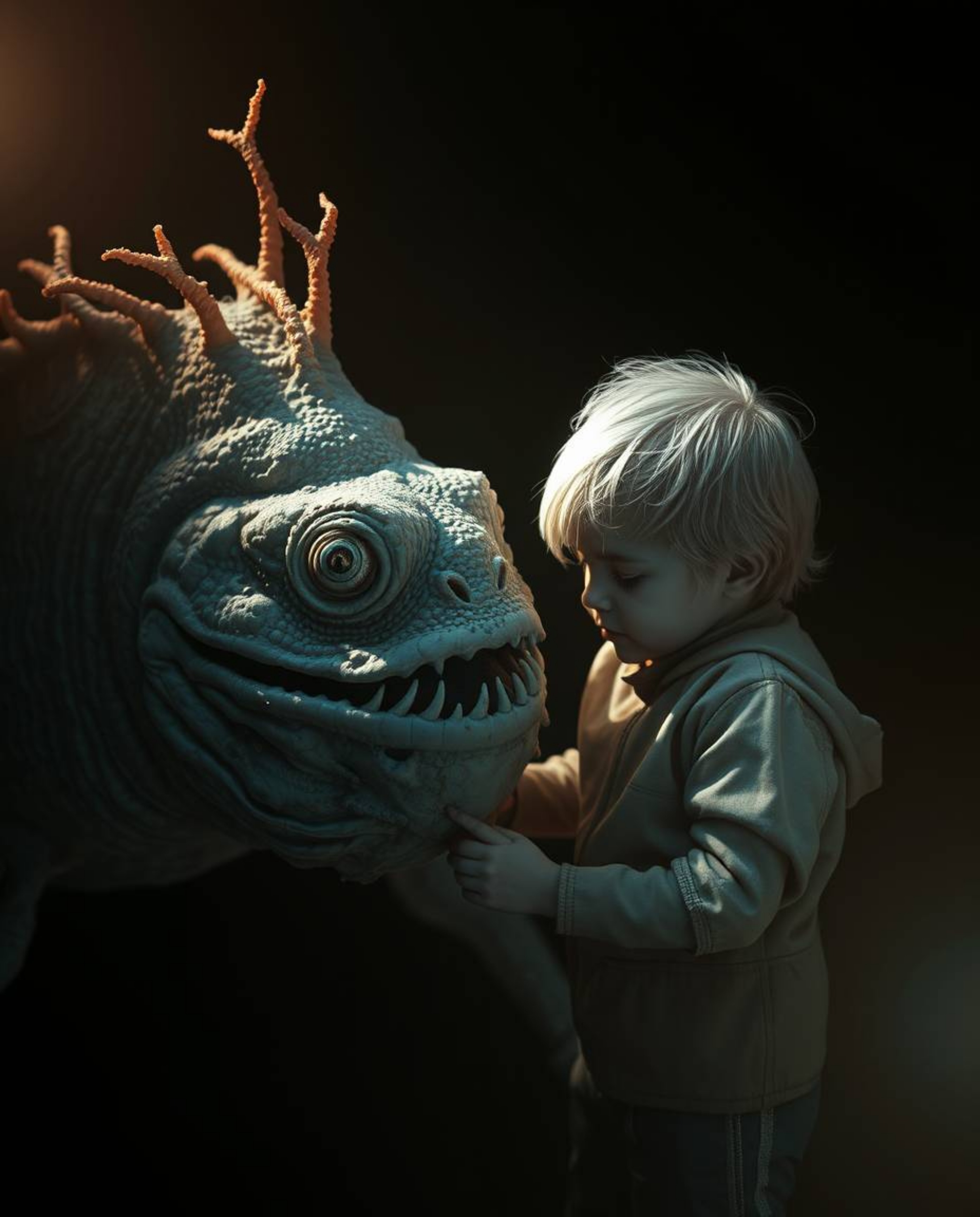 A captivating image depicts an otherworldly sea creature, rendered in surreal infrared tones, forming an unlikely friendship