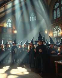 Discover a captivating high-resolution stock photo of a magical school brimming with young wizards. The image features gentl
