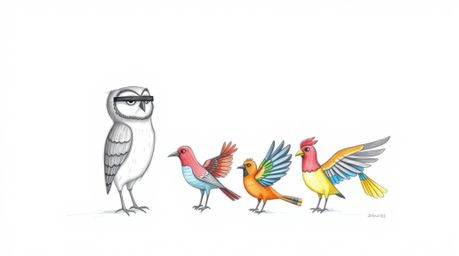A charming Pixar-style hand-drawn sketch featuring a blind owl rendered with soft pencil shading, patiently guiding colorful 