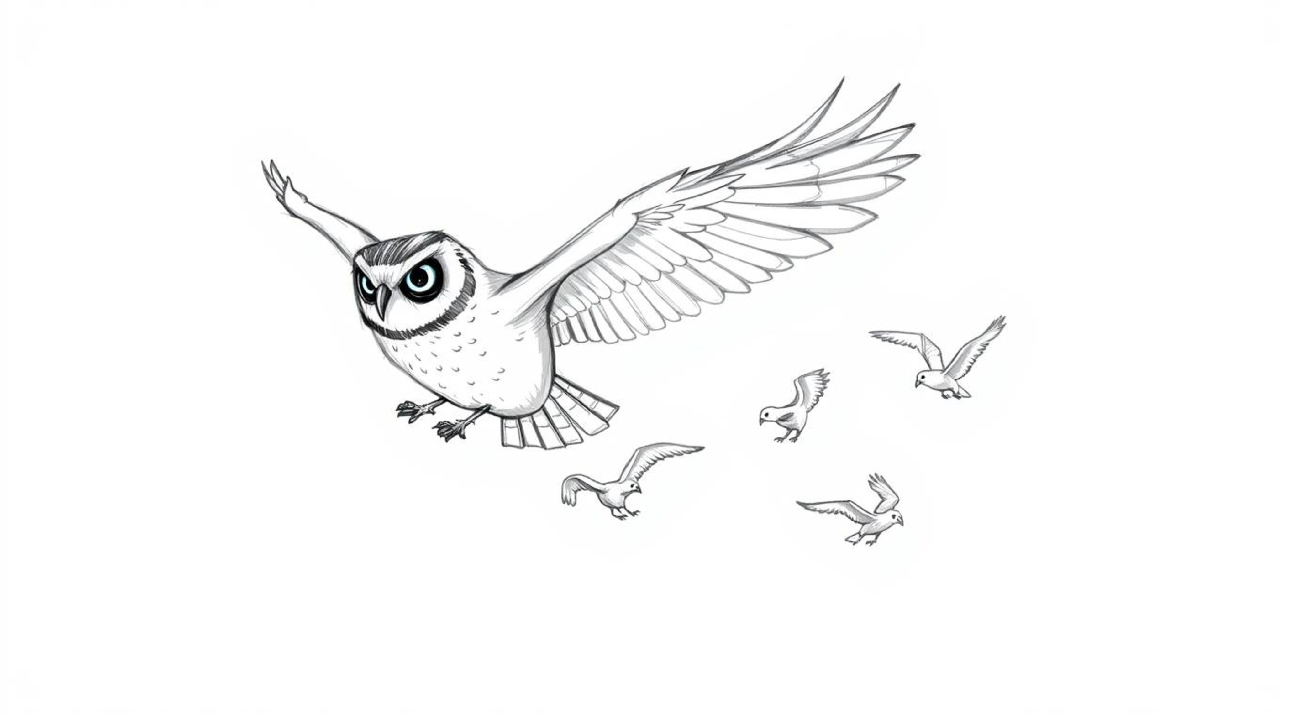 A hand-drawn sketch reminiscent of Pixar, showcasing a blind owl in mid-flight, generously teaching several birds the art of 