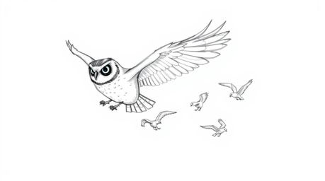 A hand-drawn sketch reminiscent of Pixar, showcasing a blind owl in mid-flight, generously teaching several birds the art of 