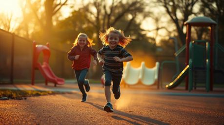 Experience the beauty of a dramatic slow-motion run through a playground bathed in warm golden hour light.  This captivating 