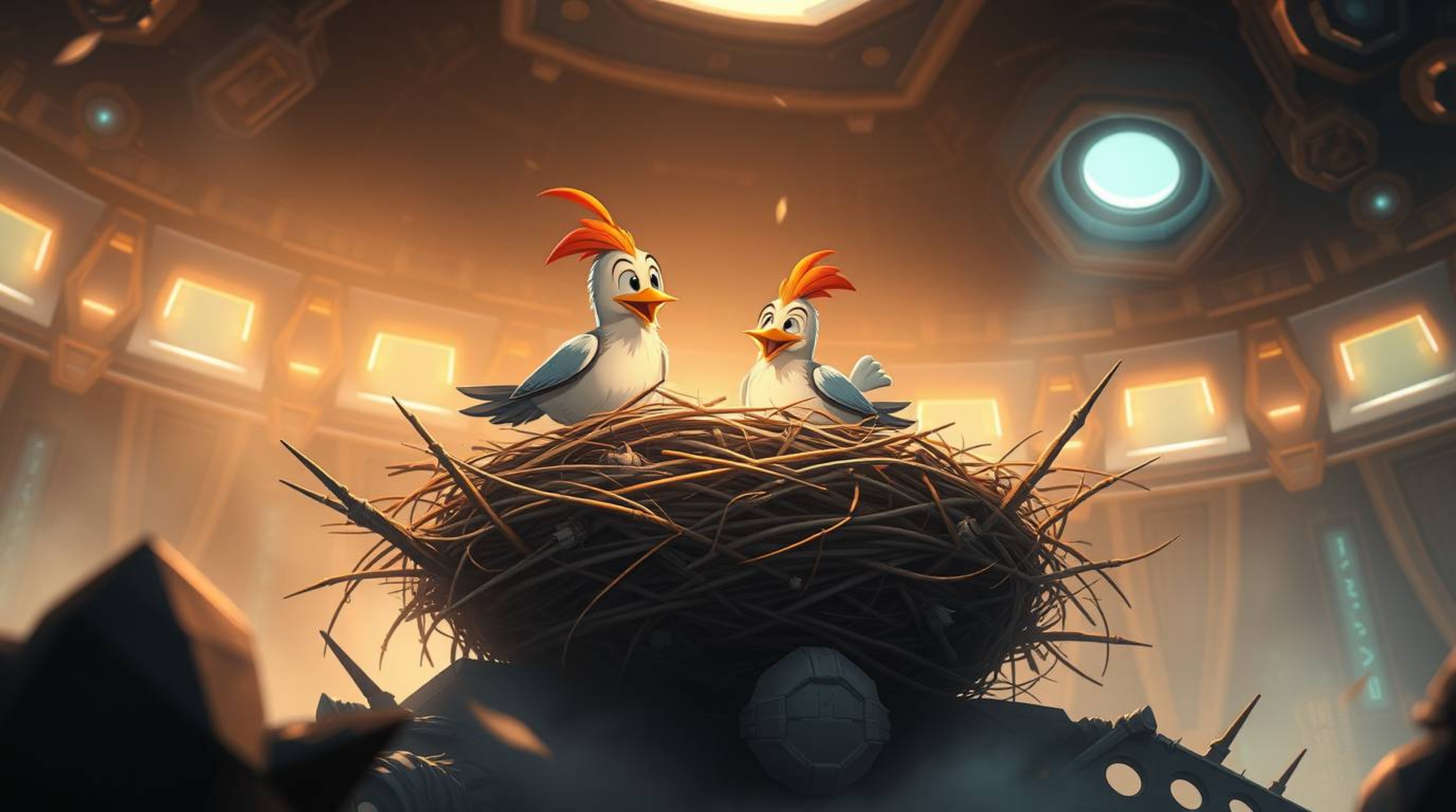 Witness an epic, grand scene of two cartoon birds constructing their nest in a classic animation style.  Set in a modern, fut
