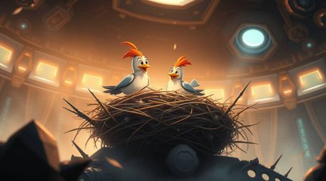 Witness an epic, grand scene of two cartoon birds constructing their nest in a classic animation style. Set in a modern, fut