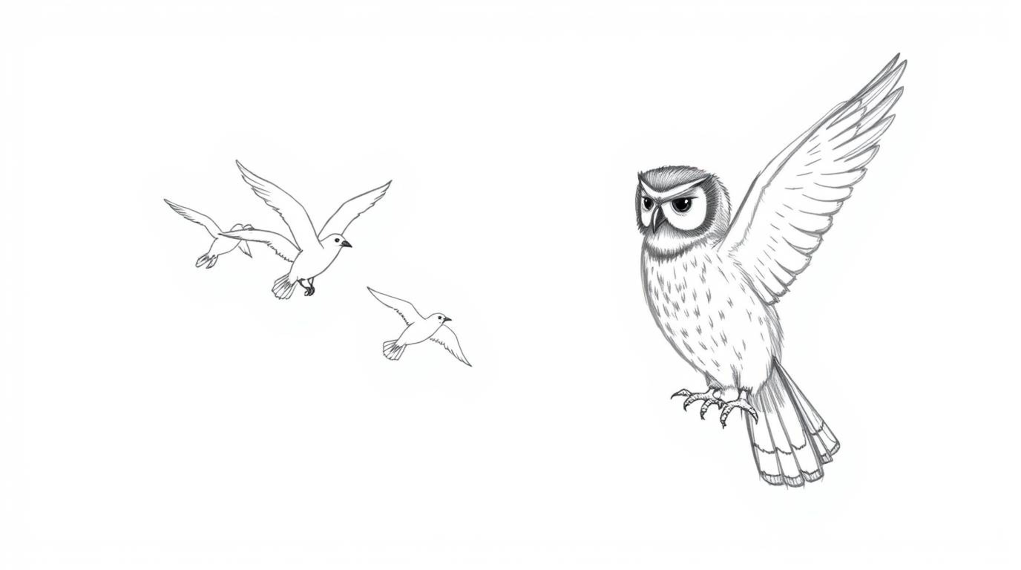 A hand-drawn sketch reminiscent of Pixar, showcases a blind owl, rendered with textured pencil strokes, guiding a flock of bi