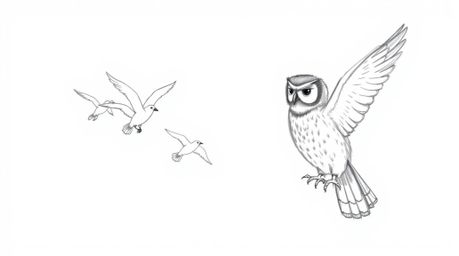 A hand-drawn sketch reminiscent of Pixar, showcases a blind owl, rendered with textured pencil strokes, guiding a flock of bi