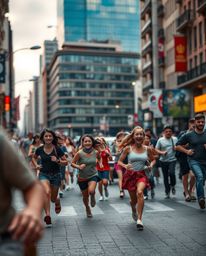 Capture the raw energy of candid street photography depicting a city in flames, with people running amidst the chaos. These u