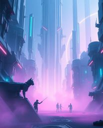 A modern, futuristic epic scene rendered in cool-toned blues, greens, and purples.  The image features heroic elements and a 