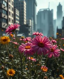 Explore the captivating contrast of nature reclaiming urban ruins with high-resolution photography of flowers blooming in a p