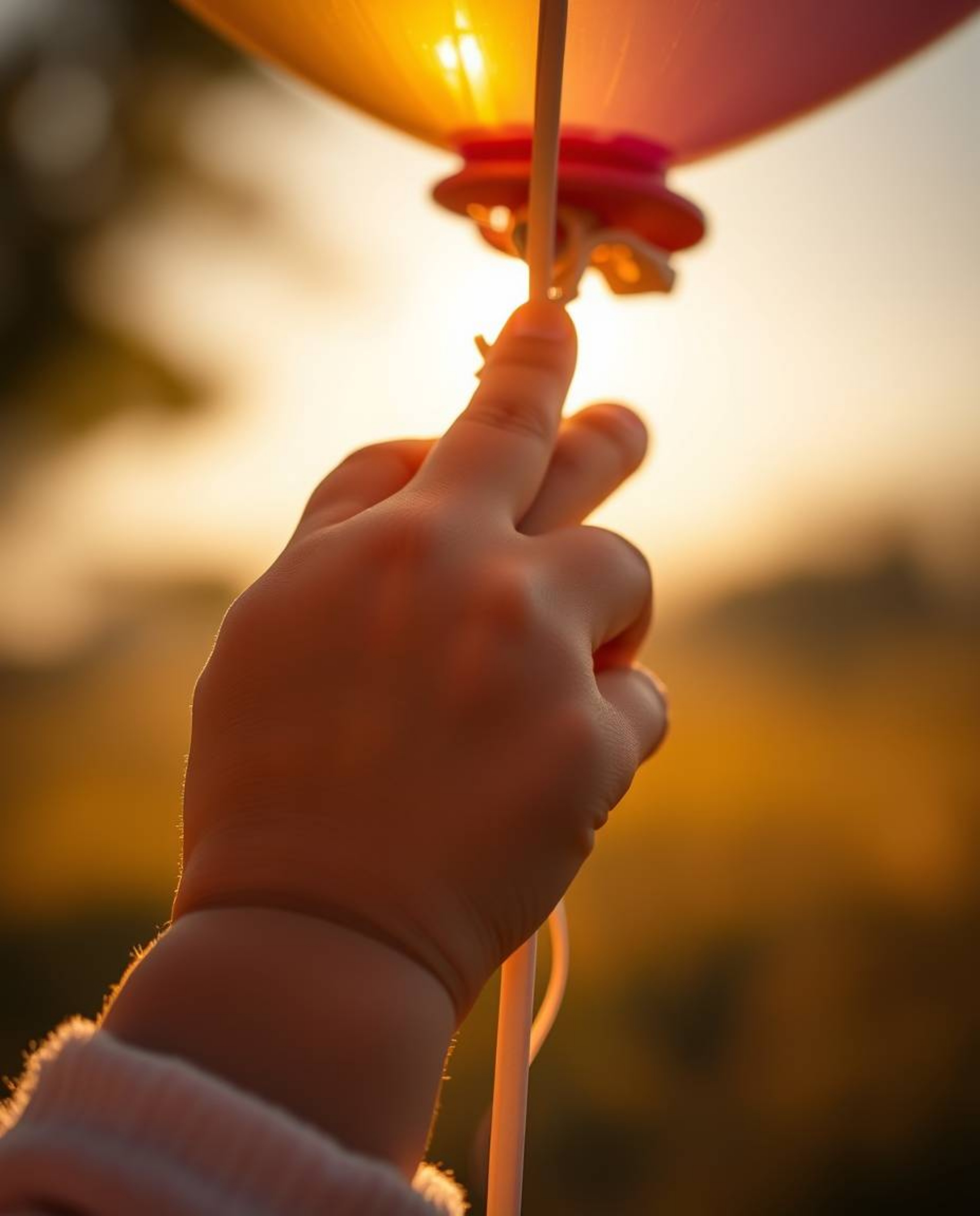 This image captures an extreme macro close-up of a child's hand gently holding a balloon, bathed in the warm and radiant glow
