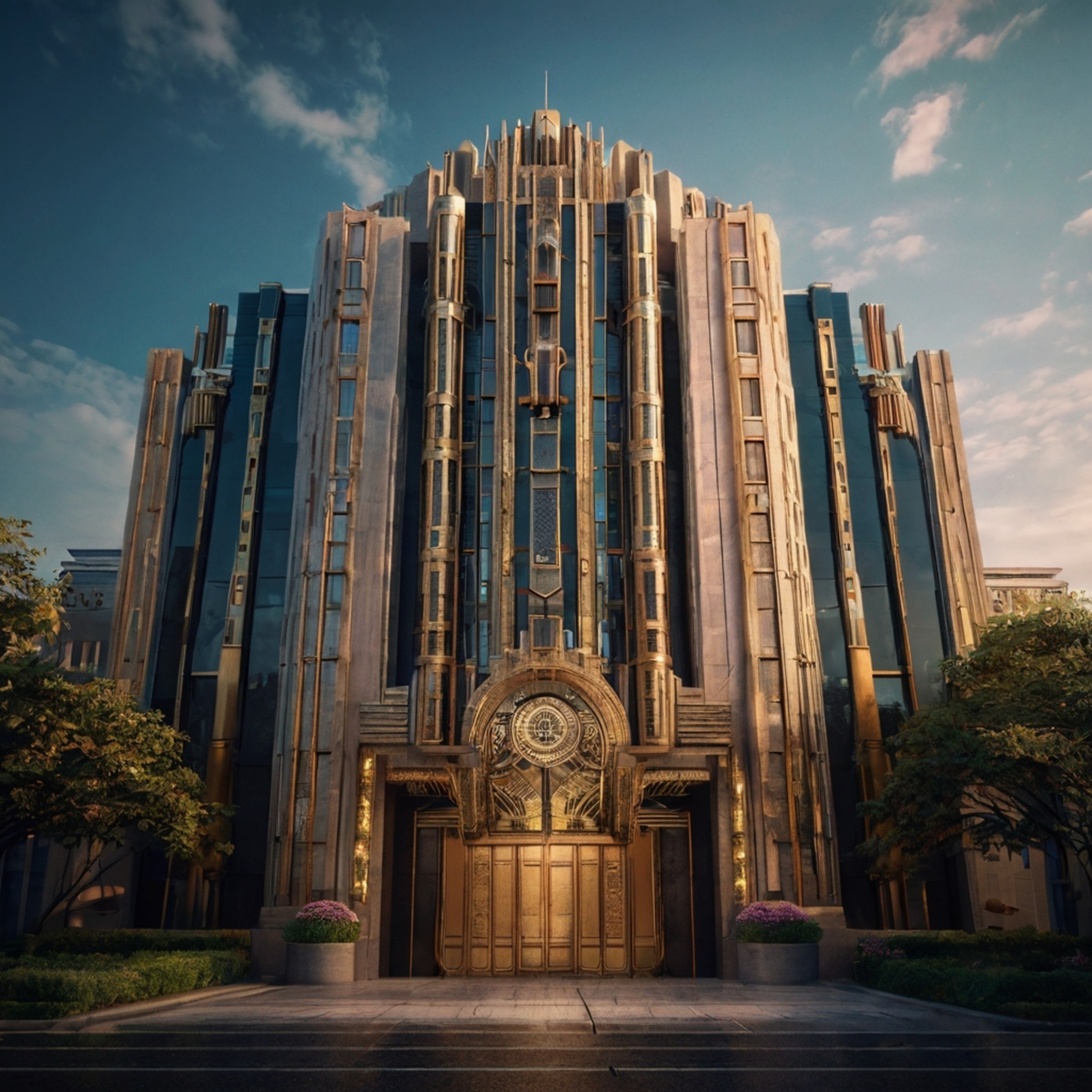 An elegant Art Deco skyscraper stands tall against the city skyline, showcasing intricate geometric patterns and a grand entr
