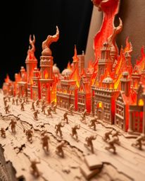 This close-up shot captures a detailed layered papier-mâché sculpture depicting a chaotic scene of a city engulfed in flames.