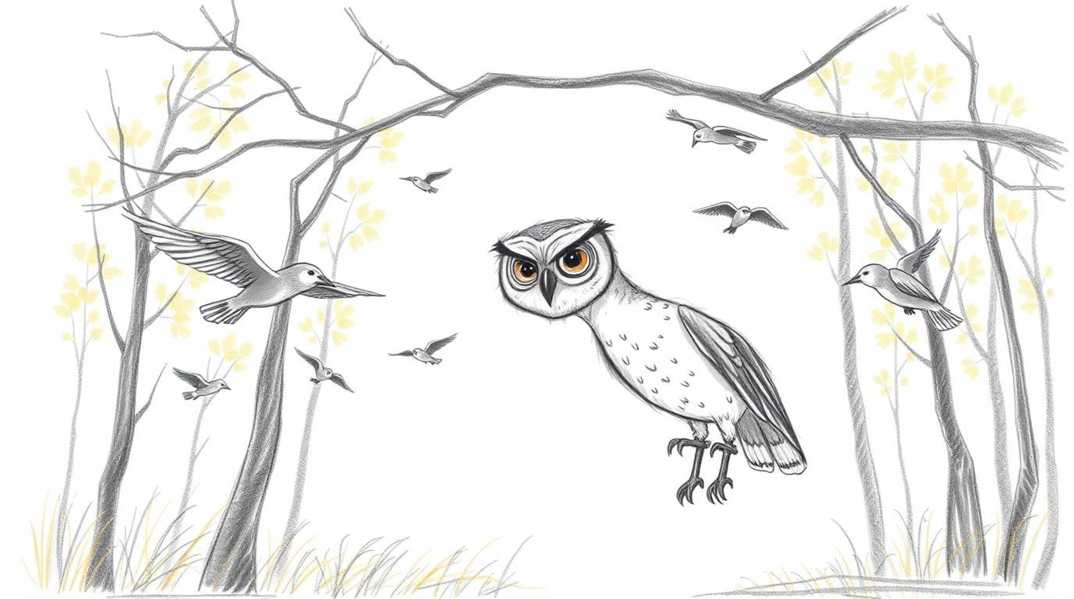 A heartwarming hand-drawn pencil sketch in the style of Pixar.  It depicts a kind, blind owl patiently teaching a flock of bi